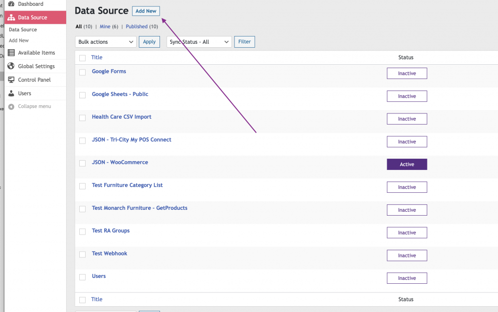 WP Data Sync Add new Data Source