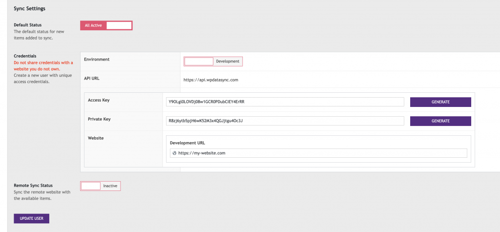 WP Data Sync API Credentials UI