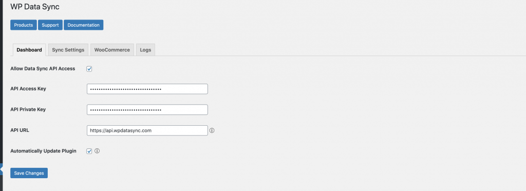 WP Data Sync Website Crendetials