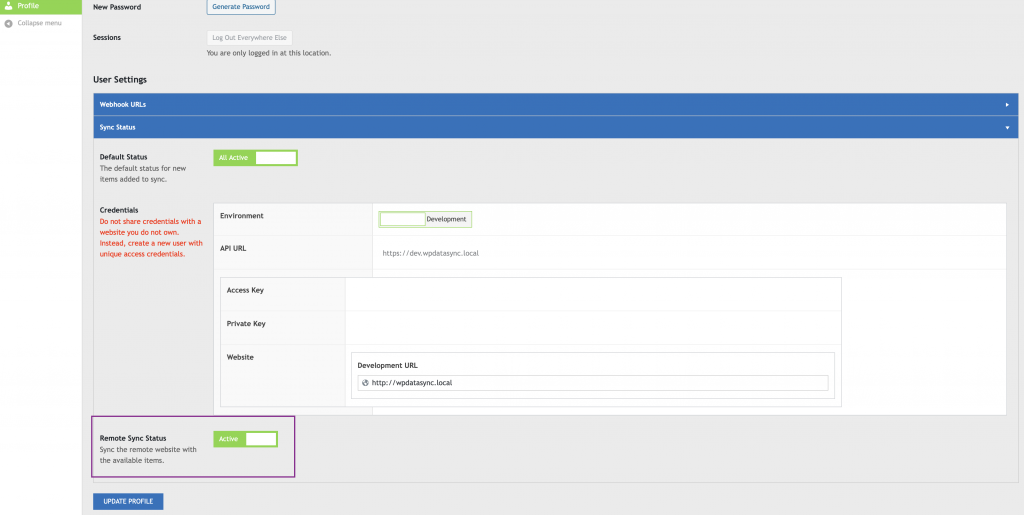 WP Data Sync Activate Data Sync Status