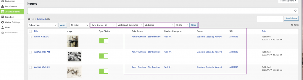 WP Data Sync Available Items List Search Filters