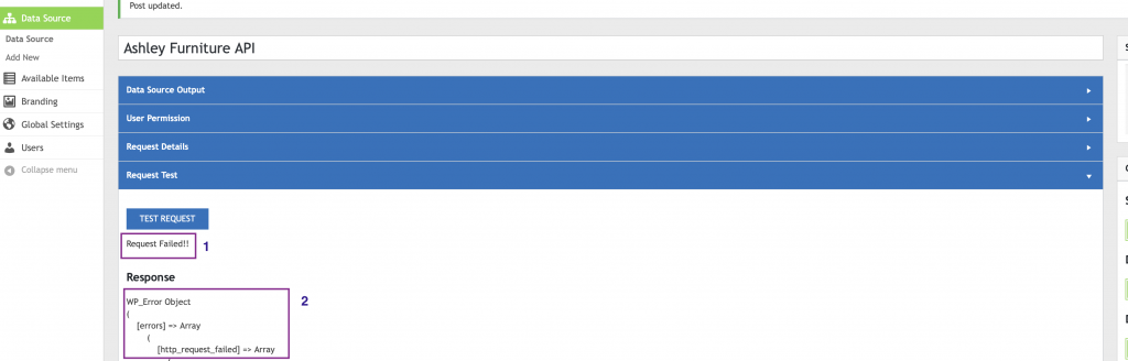 WP Data Sync Failed Test request