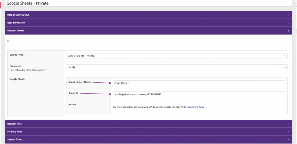 WP Data Sync Google Sheets name and ID